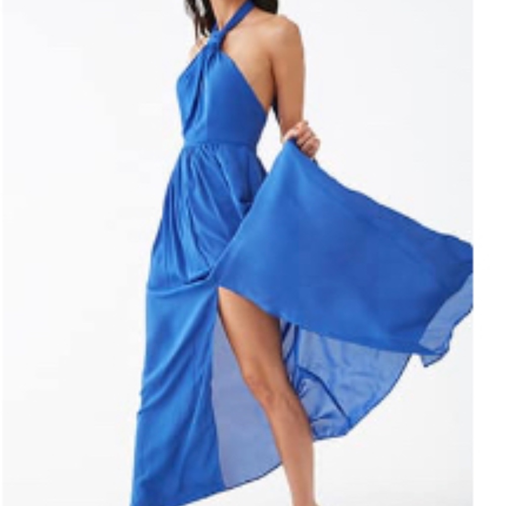 Blue billowy halter maxi dress